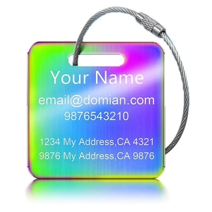 Rainbow gradient stainless steel luggage tag with secure wire loop for suitcases