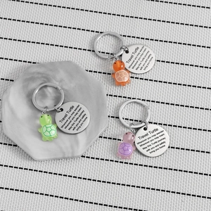 Vue détaillée des porte-clés tortue en résine colorée avec charms gravés en acier inoxydable