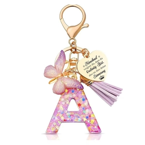 Porte-clés Alphabet 26 en Résine Pailletée Violette Avec Gland Papillon Cœur Doré en Acier Inoxydable Bijou de Sac pour Femme Cadeau