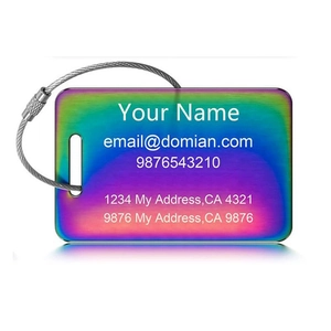Rainbow metal luggage tag with wire loop and engraved custom contact information