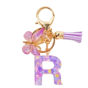 Porte-clés lettre R en résine violette avec paillettes, papillon et fermoir doré