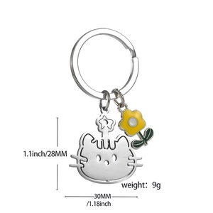 Porte-clés chat mignon en acier inoxydable avec pendentif fleur jaune et détail d'étoile