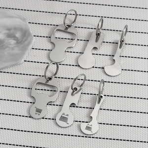 Detail shot of stainless steel shopping trolley token keychains with bottle opener feature