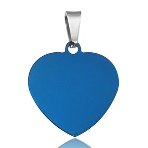 Detailed close-up of blue heart-shaped stainless steel pendant with silver metal bail