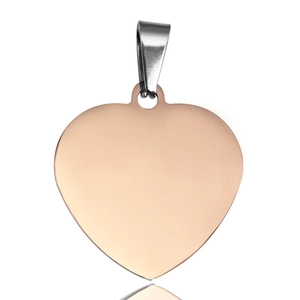 Detailed view of polished heart pendant in rose gold finish with silver clasp connector