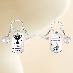 Macro view of double-sided laser engraving on soccer stainless steel keychain