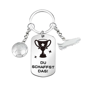 Soccer keychain with stainless steel plate, mini trophy, football and shoe charms
