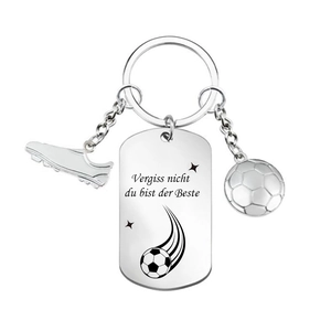 Silver stainless steel football keychain with engraved German text and ball charms
