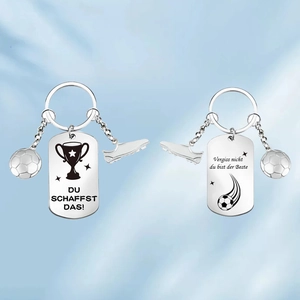 Soccer stainless steel keychain set with trophy and ball charms for sports fans