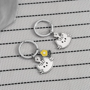 Porte-clés chat de dessin animé en acier inoxydable avec pendentif fleur jaune
