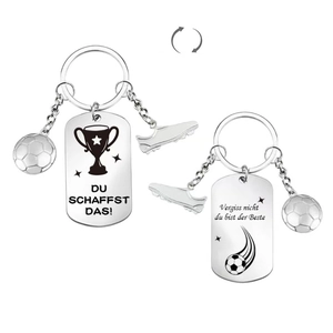 Stainless Steel Football Keychain Double Sided Laser Engraved German Inspirational Quotes Soccer Shoe Charm Backpack Pendant