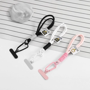 Detail of colorful braided phone lanyards with metal spring buckles and fixing tabs