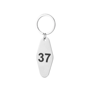 Polished silver diamond-shaped stainless steel keychain engraved with number 37
