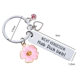 Porte-clés en acier inoxydable avec breloques roses et plaque gravée pour femmes