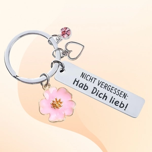 Porte-clés en acier inoxydable avec gravure en allemand coeur et fleur de cerisier rose