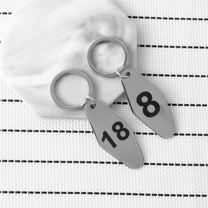 Polished stainless steel teardrop keychains with engraved numbers 18 and 8