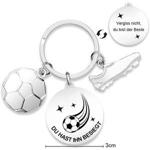 German motivational soccer keychain set with 3D football charm and stainless steel disc