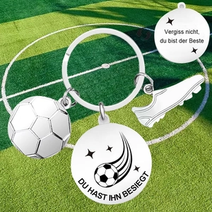 Soccer keychain with 3D ball, cleat and round engraved plate for football fans