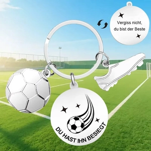 Stainless Steel Football Keychain German Motivational Text DU HAST IHN BESIEGT Soccer Charm Key Ring Sports Fan Gift