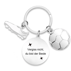 Soccer keychain with stainless steel charms and German motivational quote tag
