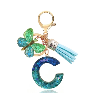 Blue sequin resin letter C keychain with butterfly pendant and light blue tassel
