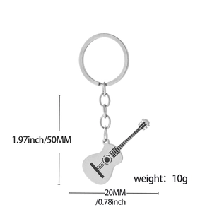 Polished silver guitar keychain pendant with size dimensions on white background