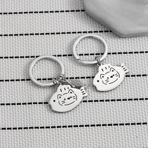 Cartoon Cat Eating Fish Stainless Steel Keychain Cute Kitty Fish Headset Metal Key Ring Gift For Friends Kids Jewelry