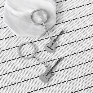 Guitar shaped stainless steel keychains featuring electric and folk music instrument designs