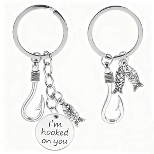 Stainless Steel Fishing Hook Keychain For Men Boyfriend Hooked On You Engraved Round Tag Fish Charm Keyring Gift