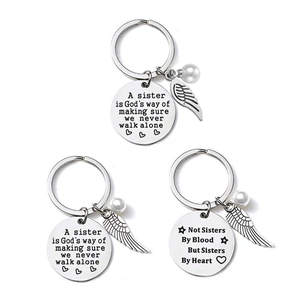 Stainless Steel Sister Keychain With Angel Wing And Artificial Pearl Charm Engraved Friendship Sentiment Jewelry Gift For Women