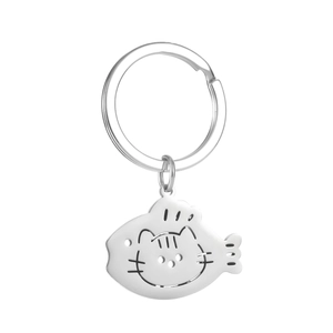 Cute fish-shaped stainless steel keychain with a cartoon cat head motif on white background