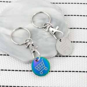 Detailed view of silver and iridescent stainless steel trolley token keychains