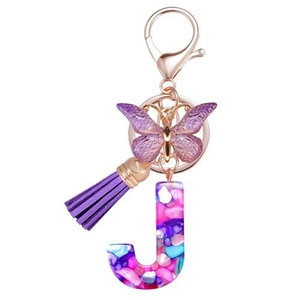 Porte-clés lettre J en résine avec pierres violettes, breloque papillon et pompon violet