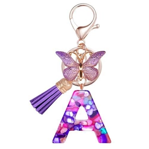 Porte-clés Lettre en Résine Violette avec Papillon et Gland Motif de Pierre Décoratif Pendentif Sac à Dos pour Femme Cadeau