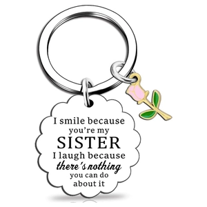 Polished stainless steel keychain with engraved sister quote and pink enamel rose pendant
