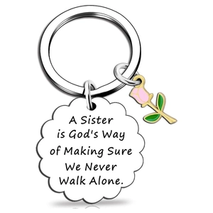 Stainless steel sisterhood keychain with pink enamel rose flower charm and engraved pendant
