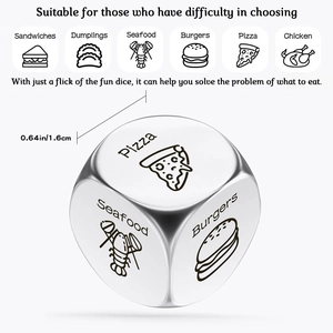 Polished stainless steel food decision dice with engraved icons for dining choices