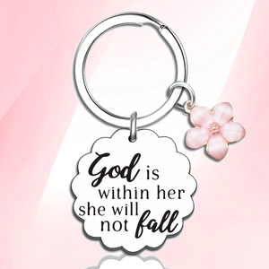 Engraved stainless steel keychain with pink flower charm and inspirational quote for women