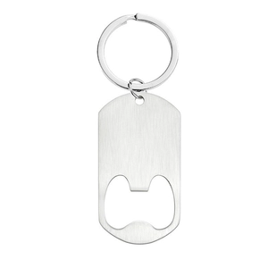 Brushed stainless steel key ring with a built-in bottle opener on a clean white background