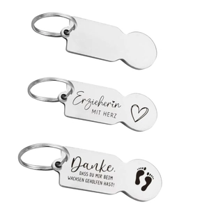Stainless Steel Shopping Trolley Token Keychain Supermarket Cart Coin German Text Heart Footprint Pattern Metal Key Ring