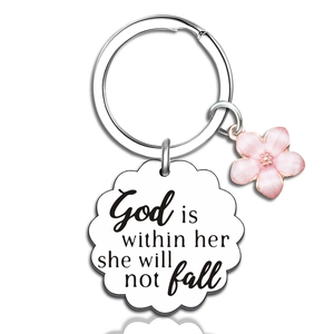 Stainless steel flower keychain with engraved God is within her inspirational tag