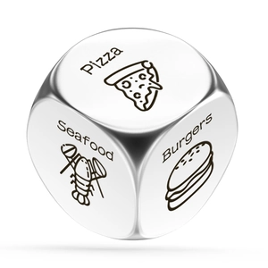 Polished stainless steel food decision dice featuring icons for pizza, burgers and seafood
