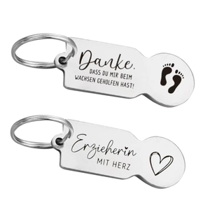 Stainless steel shopping cart token keychain with German teacher appreciation engraving