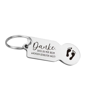 Polished stainless steel keychain with engraved baby footprints and German thank you text
