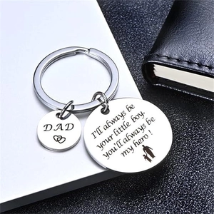 Polished stainless steel Father's Day keychain with Dad hero quote and son silhouette