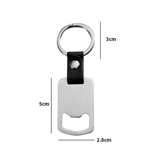 Brushed stainless steel bottle opener keychain with black leather strap and key ring