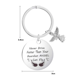 Guardian Angel stainless steel keychain with Never Drive Faster laser engraved message