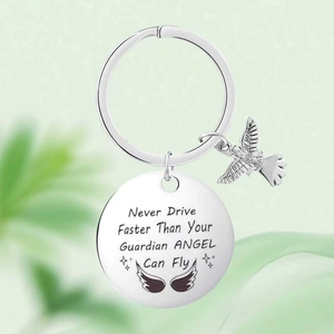 Guardian Angel stainless steel keychain with Never Drive Faster engraved message