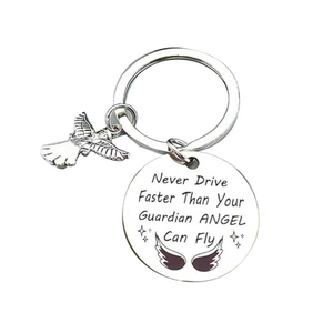 Guardian Angel stainless steel keychain with eagle charm for safe driving protection