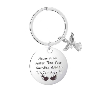 Stainless Steel Guardian Angel Keychain Inspirational Never Drive Faster Than Your Guardian Angel Can Fly Safety Gift